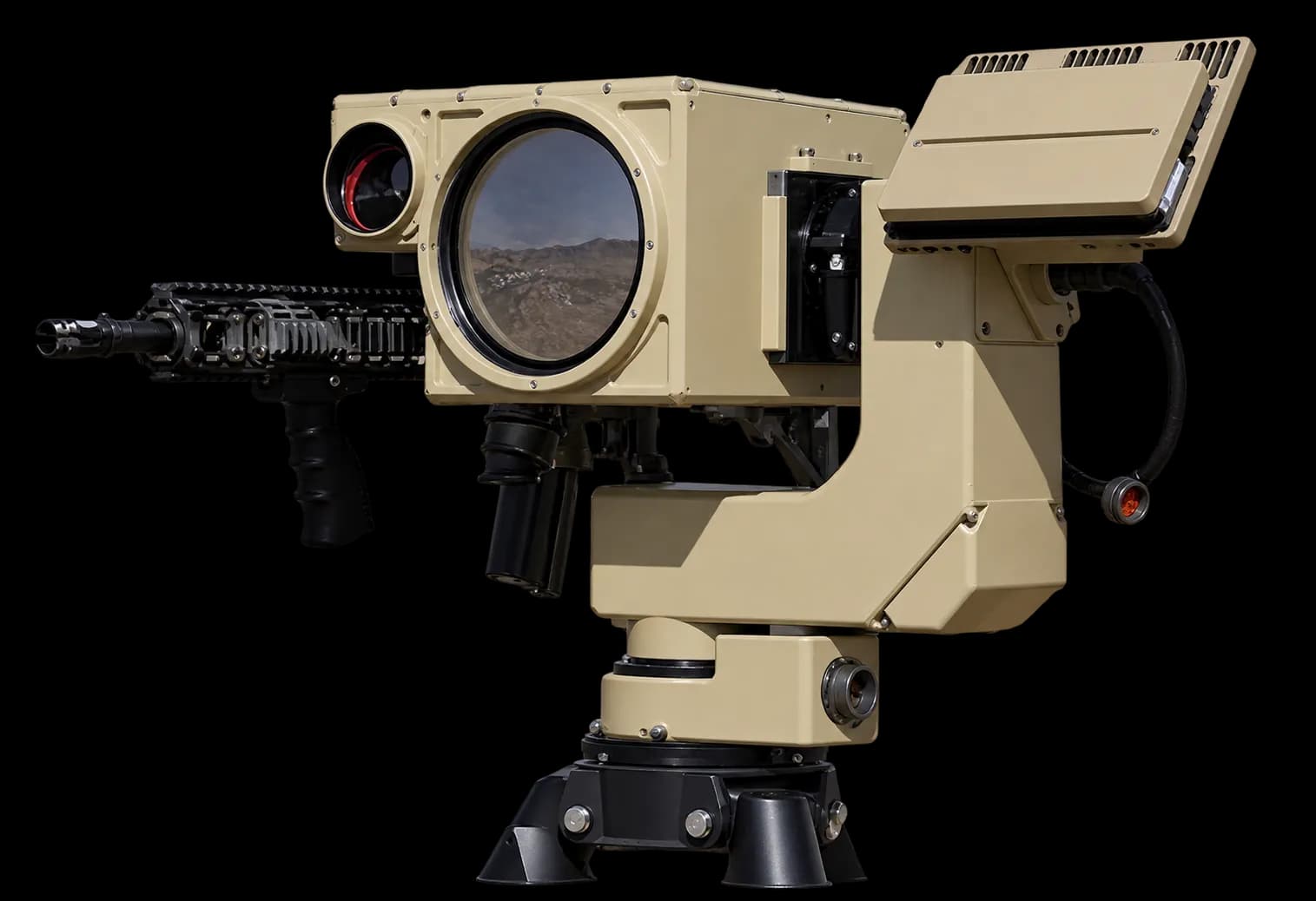CapGuard cUAS EG 5,56–7,62 mm: sistema pan-tilt con ópticas de día y térmica, panel de radar y un fusil montado a un costado