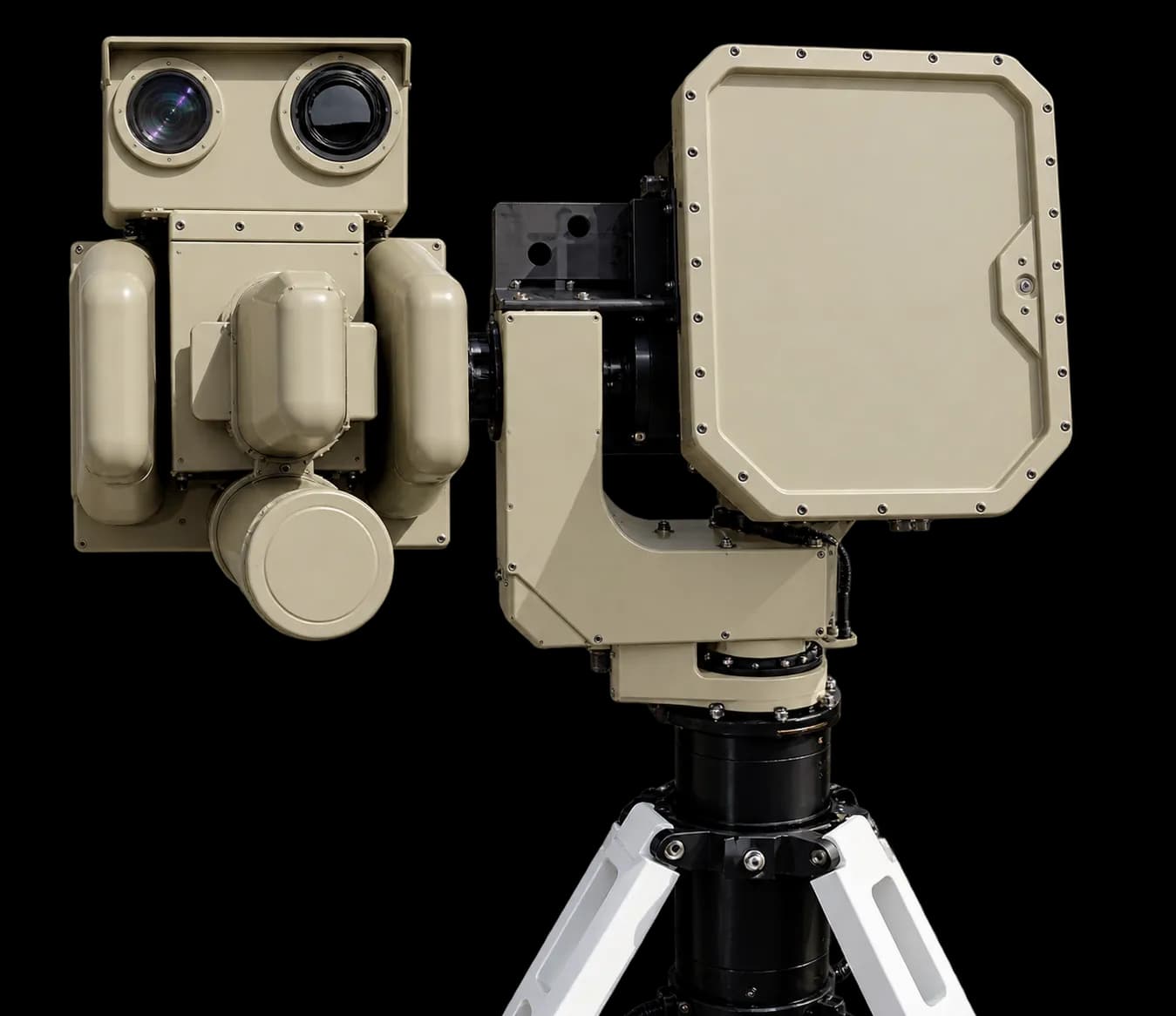 CapShield cUAS ES: bloque de doble óptica y gran panel de radar sobre un trípode blanco