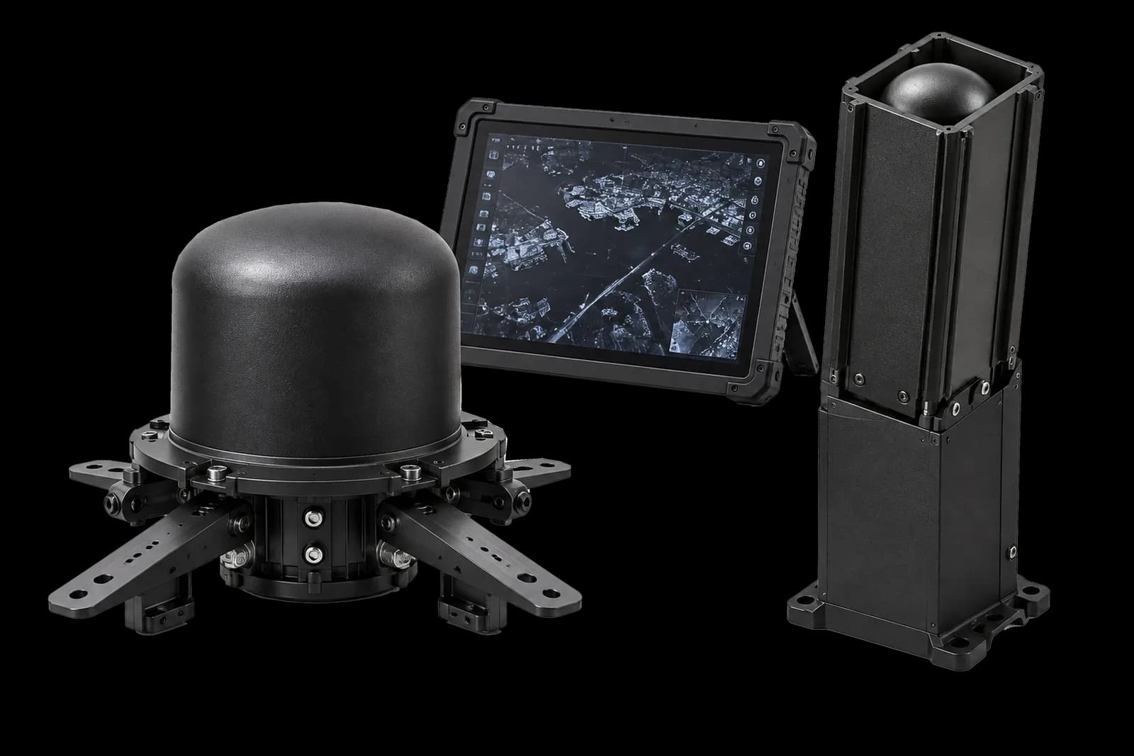 Componentes de SkyShield Sentry: sensor en domo, lanzador vertical y tableta de control