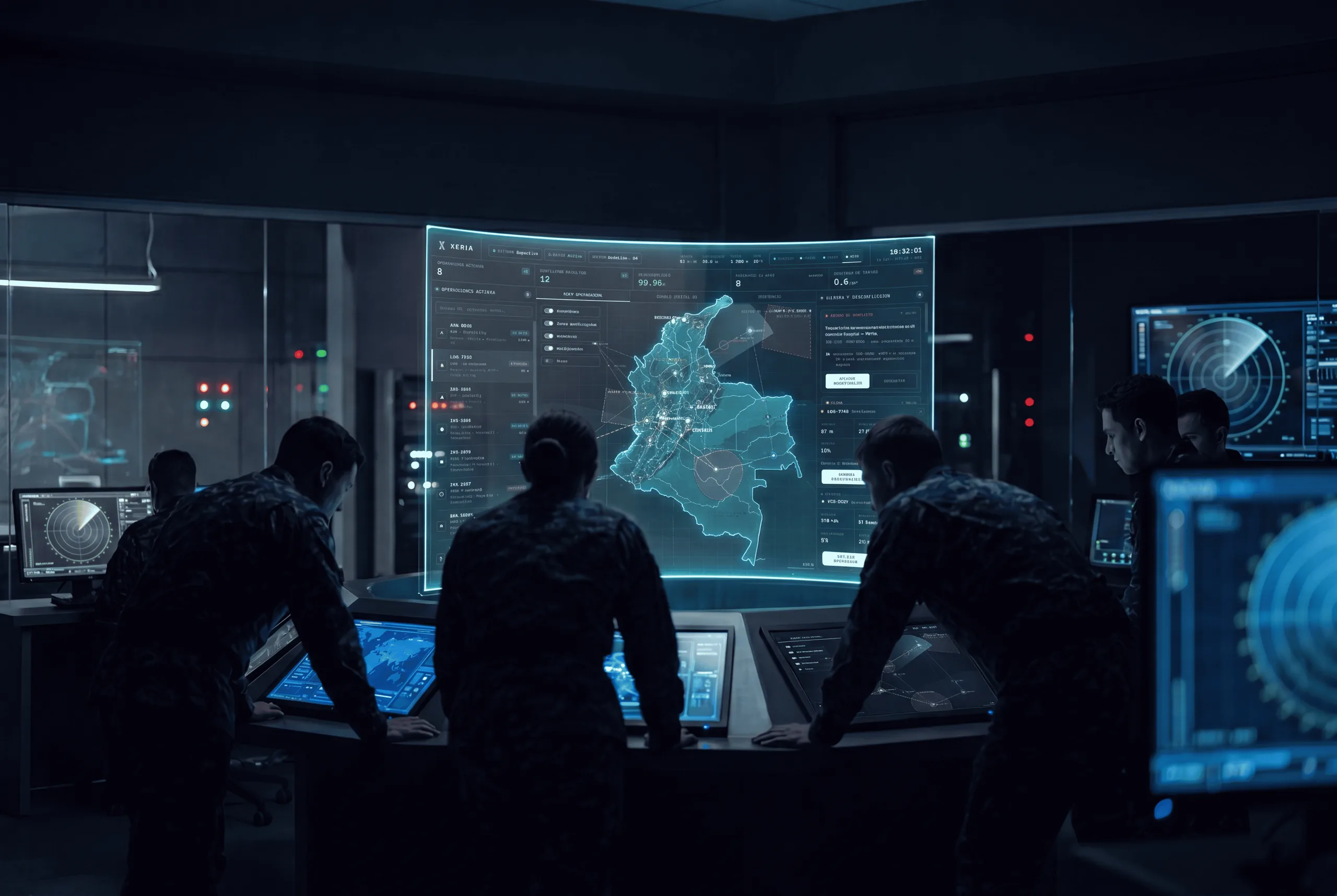 Operadores frente a una pantalla de comando con el mapa de Colombia