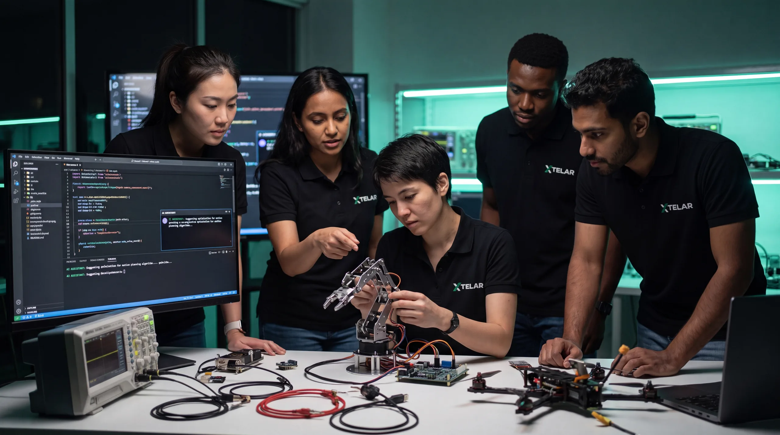 Equipo de Xtelar trabajando en un laboratorio de robótica con un dron FPV sobre la mesa