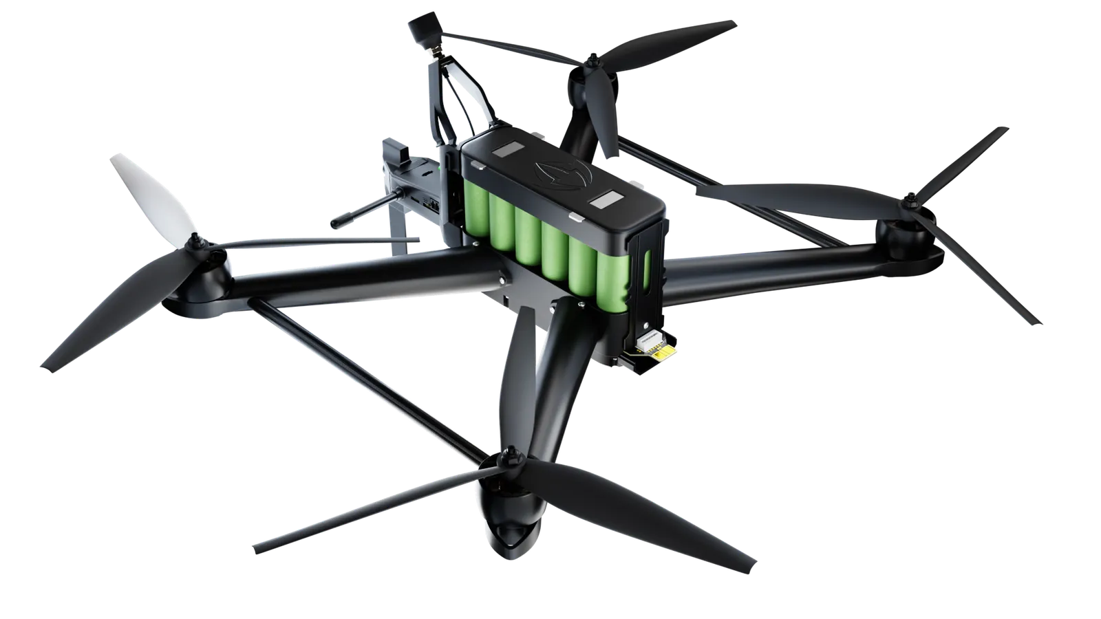 Dron FPV K-BOBER 1-20 visto desde arriba, con su batería integrada
