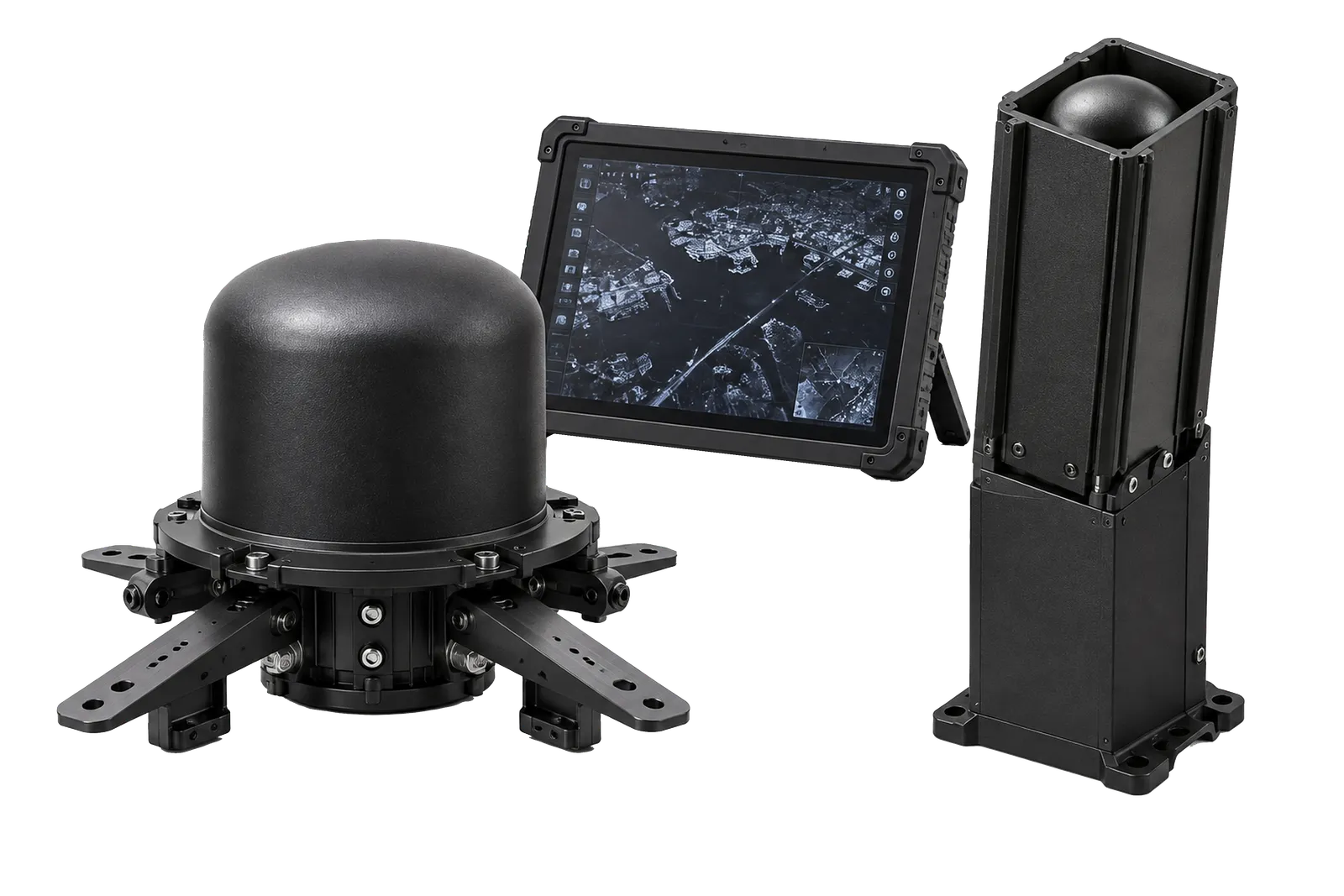 Componentes de SkyShield Sentry: sensor en domo, lanzador vertical y tableta de control
